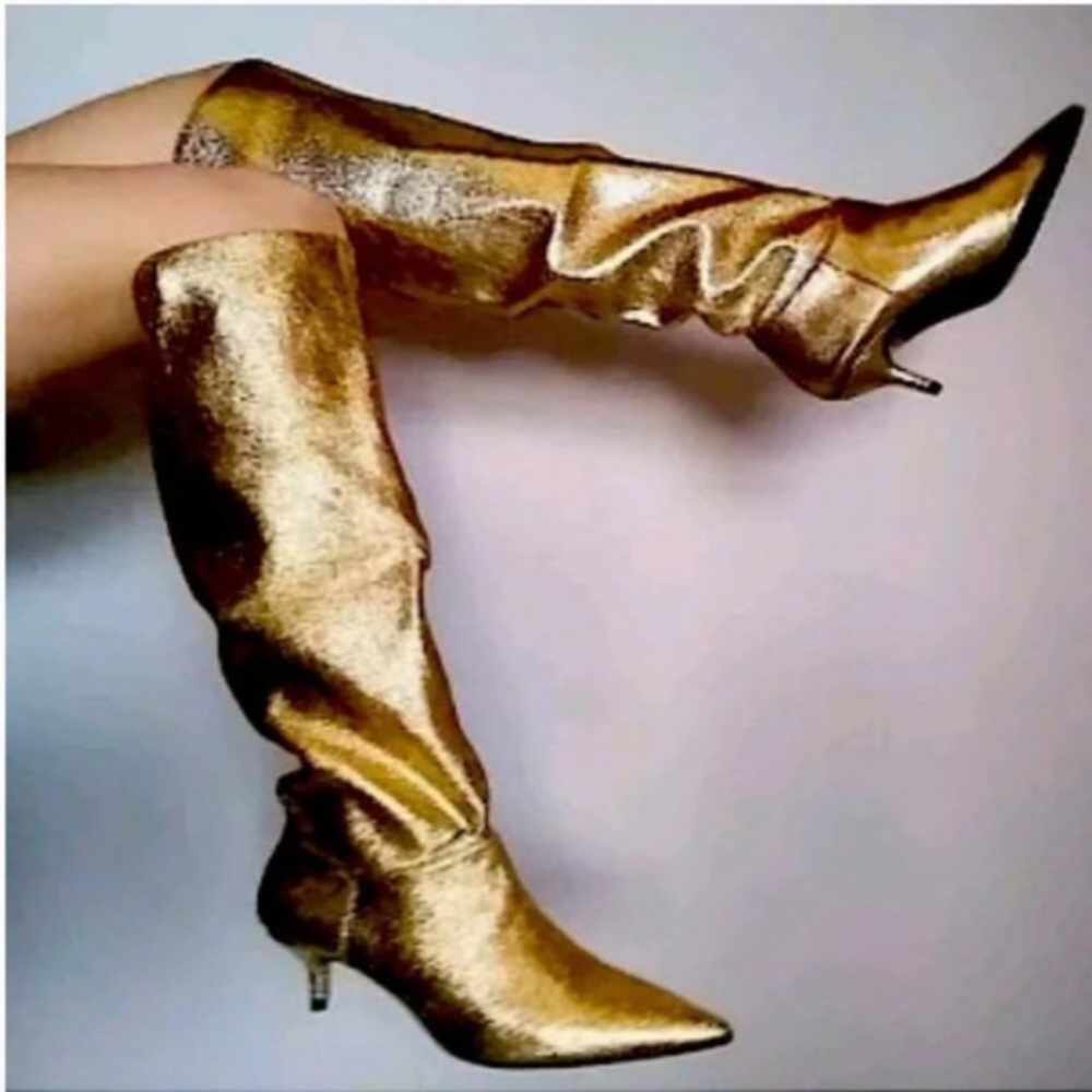 Gold Zara slouchy kitten heel boots.Bloggers choice!